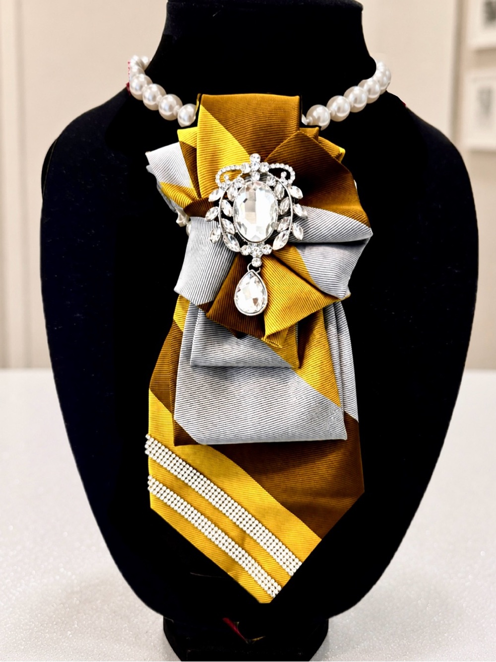 Elegant Gold, Gray, Brown Statement TIE NECKLACE with Rhinestone Brooch